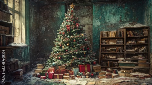 An old room with a decorated christmas tree in winter