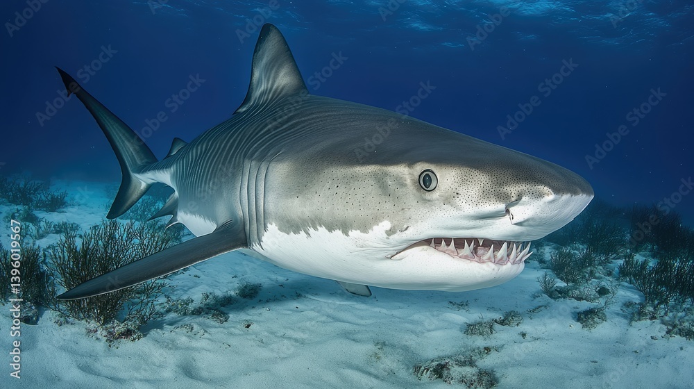 Fototapeta premium Majestic tiger shark swimming gracefully over sandy ocean floor with coral backdrop