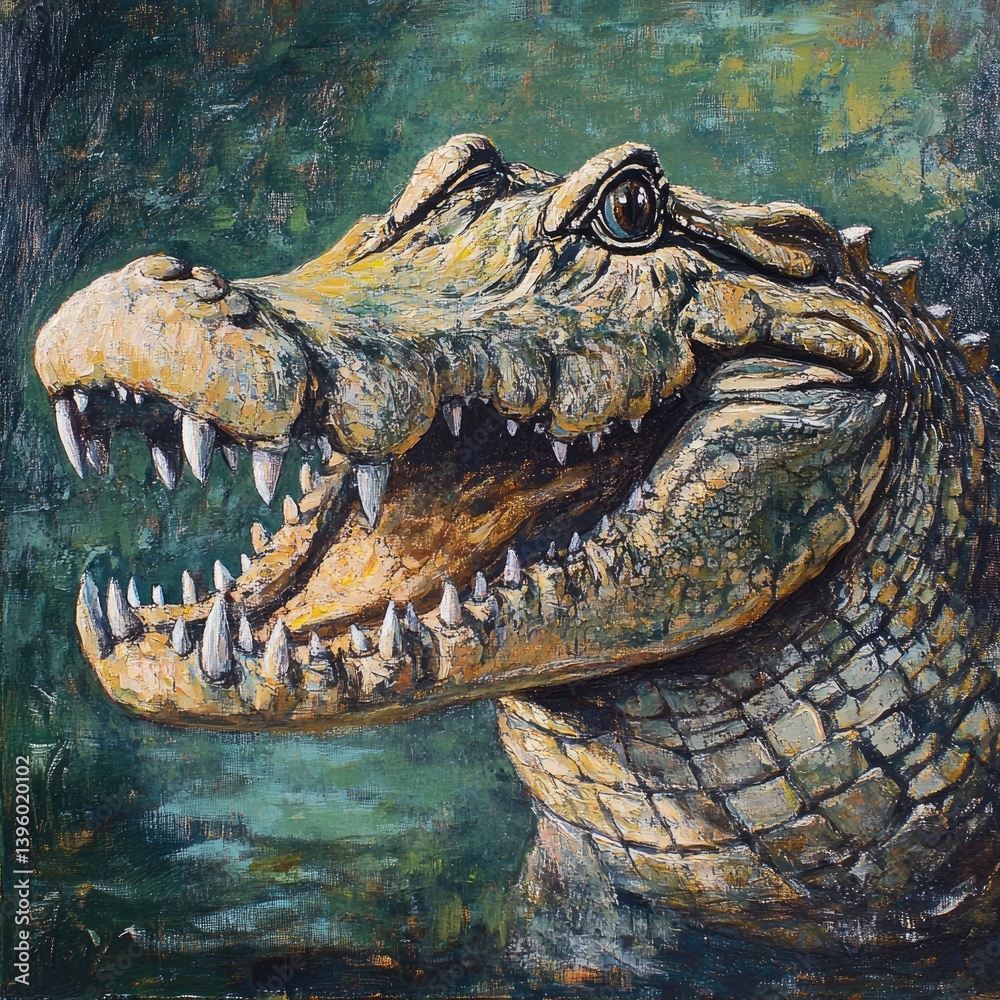 Obraz premium A vibrant close-up of a crocodile's head showcasing its textured scales and fierce expression, set against a lush green background, ideal for wildlife education or nature-themed projects