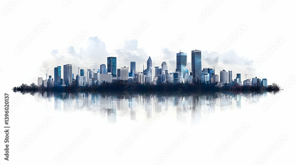 Obraz premium City Skyline Silhouette With Reflection On White Background