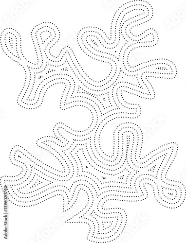 Concentric dotted outline surrounds an abstract blob with complex fluid structure and protruding curves.