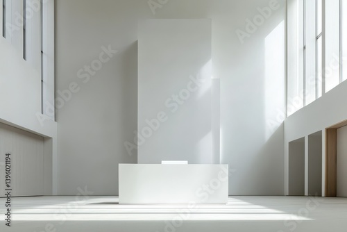 A bright minimalist interior featuring a white reception desk with sunlight casting shadows on the floor 