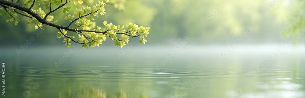 Obraz premium Tree branch with fresh green leaves over tranquil water. Water rings ripple, creating peaceful, serene eco-conscious atmosphere. Nature beauty. Relaxation, zen, harmony, pure calm, spa.
