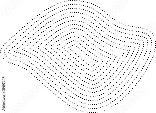 Asymmetric hand-drawn organic form composed of uneven concentric dotted lines.