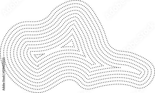 Irregular curves define a topographic shape built from layered dotted outlines.