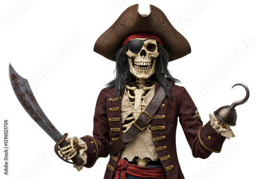 Isolated Pirate Skeleton with Sword and Hook Hand