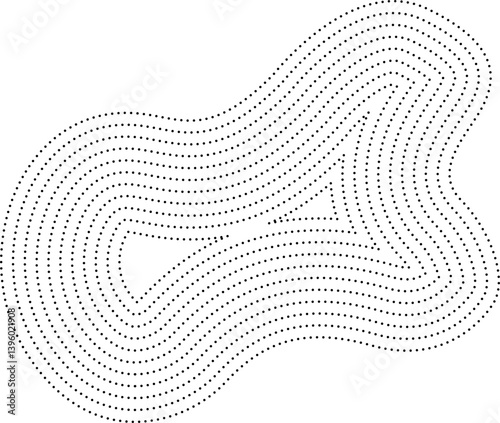Modern irregular blob composed of smooth curves and structured concentric dotted lines.