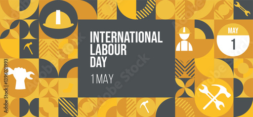 International Labour Day pattern Design. 1 May International Labor Day vector design with a hammer tools and safety helmet in yellow color background. 1st of May. Vector Illustration.