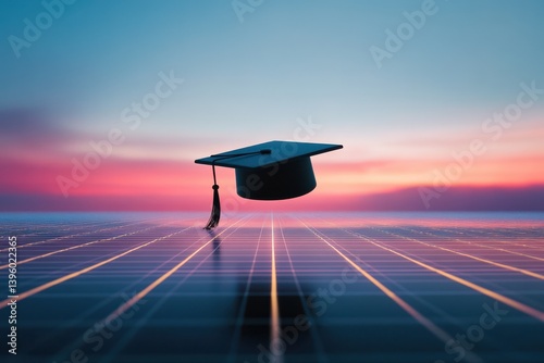 Graduation cap floating above solar panels at sunset symbolizing green energy education success