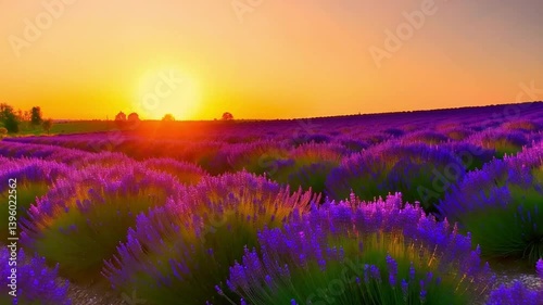 Picturesque lavender field at sunset with a dreamy golden sky and rows of purple flowers stretching into the horizon