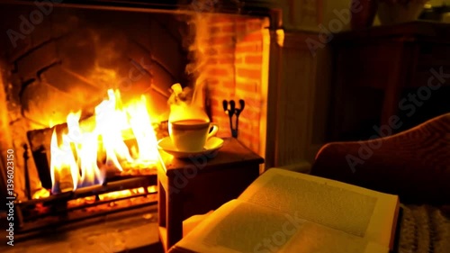 Cozy winter evening scene with a book, a soft knitted blanket, and a cup of hot chocolate near a fireplace
