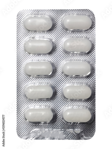 Tablets in strip on transparent background, top view