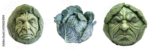 Set of Close-up photo of a cabbage carved into a human face with a deep frown on transparent png background. Ai generated
