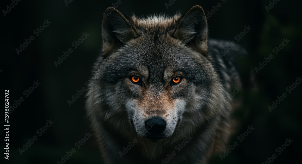 Obraz premium Glowing Eyes Of The Forest Wolf - A close-up of a wolf's intense orange eyes glowing in the dark forest. Symbolizing mystery, wildness, power, survival, and the untamed spirit of nature