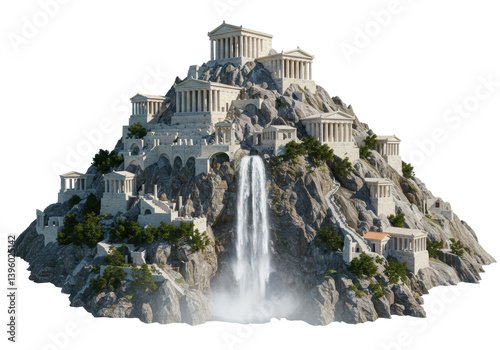 Isolated Mount Olympus with Greek Temples and Waterfall