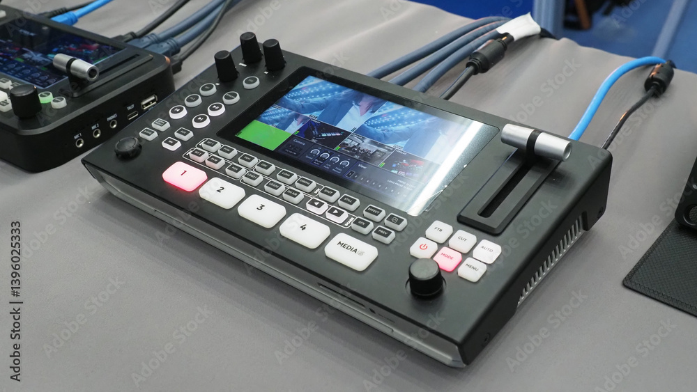 A portable video switcher with an integrated display screen.it used for live production and video mixing. A portable video switcher with an integrated display screen.it used for live production and video mixing.