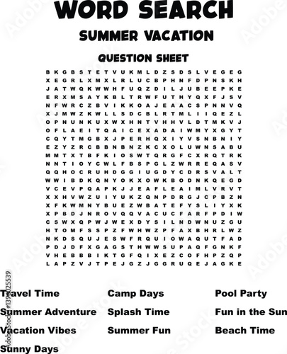 Summer Vacation Word Search Puzzle Fun, Travel, Beach Time