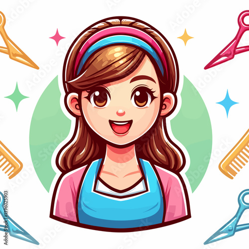 Cheerful cartoon hairstylist with colorful accessories smiling in close-up illustration on white background copy space