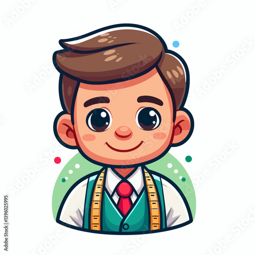 Charming cartoon tailor in vest with a tie smiling in close-up illustration on white background copy space