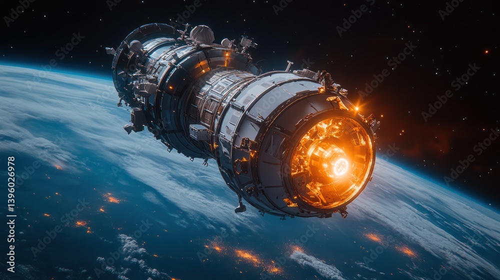 Spaceship orbiting Earth, engines firing. Spaceship orbiting Earth, engines firing.