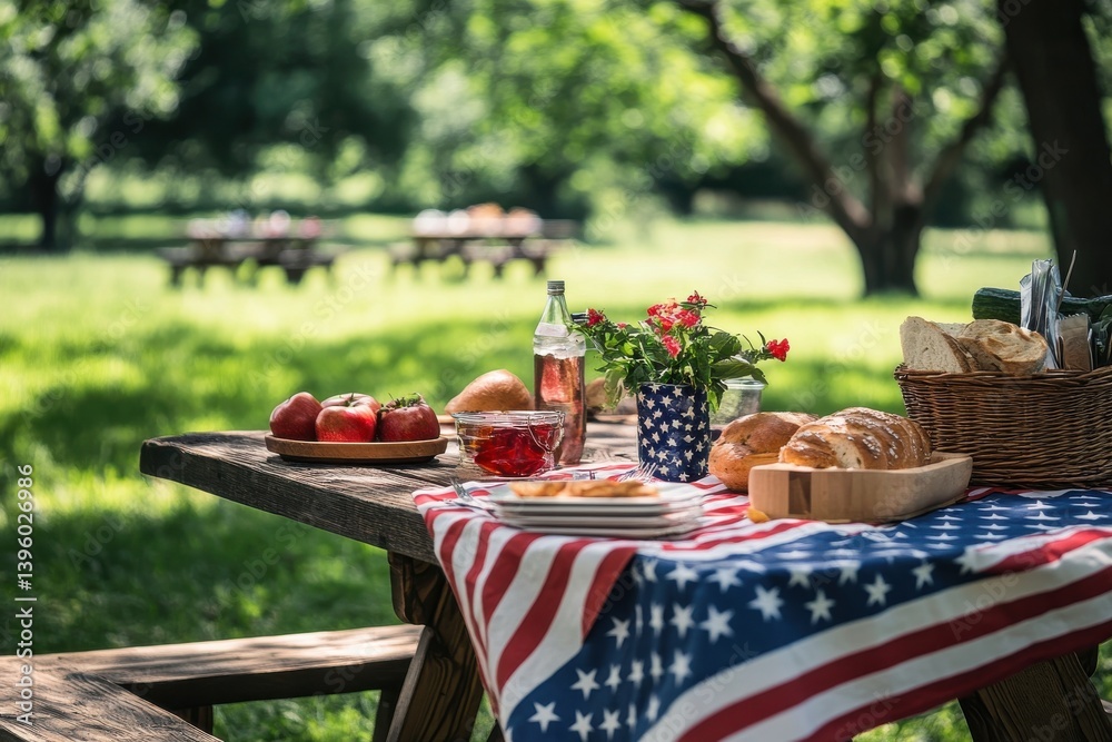Picnic table adorned with american flag cloth bread and drinks in a garden setting outdoors Picnic table adorned with american flag cloth bread and drinks in a garden setting outdoors