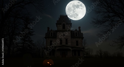 Haunted Mansion Under Full Moon - A spooky Victorian mansion stands silhouetted against a bright full moon on a dark, starlit night. A single jack-o'-lantern glows faintly in the foreground photo