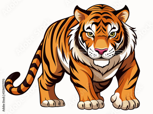 vector illustration of a fierce Bengal tiger in a stalking pose, isolated on a white background