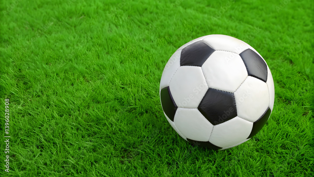 Fototapeta premium close up view of soccer ball resting on vibrant green grass, evoking sense of playfulness and excitement in game