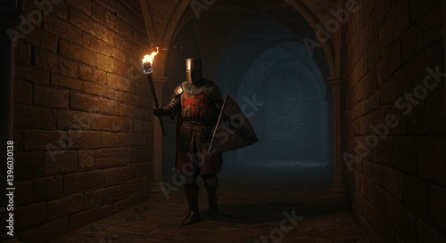 Knight's Nightly Exploration of Ancient Castle Corridor - A lone knight, torch in hand, explores a dark, mysterious castle corridor at night. The symbolizes adventure, mystery, courage, exploration
