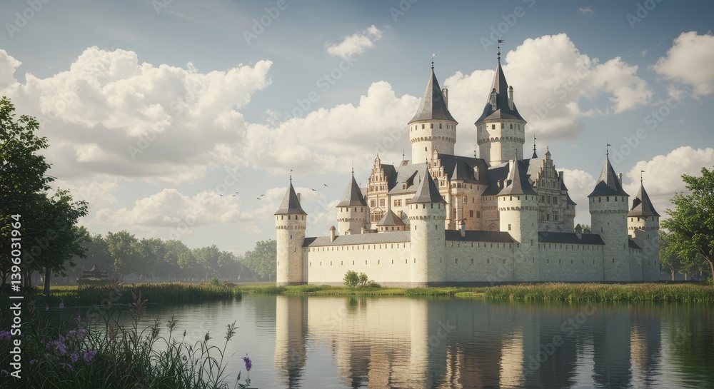 Majestic Fairytale Castle by the Lake - A stunning fairytale castle stands majestically by a calm lake, reflecting its beauty in the tranquil water under a cloudy sky Majestic Fairytale Castle by the Lake - A stunning fairytale castle stands majestically by a calm lake, reflecting its beauty in the tranquil water under a cloudy sky