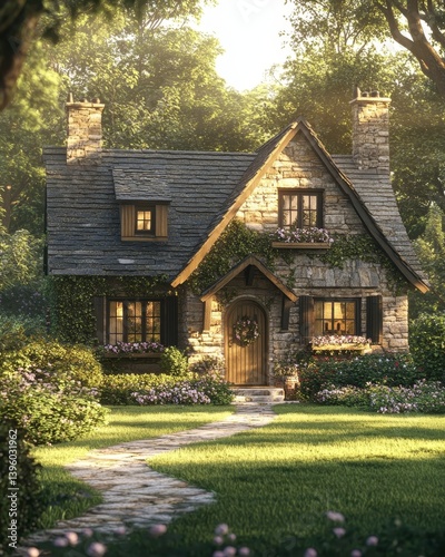 Obraz na płótnie Charming country cottage in idyllic english countryside with lush lawns and blooming flowers w salonie