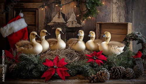 Festive portrait 6 geese nesting amidst Christmas decor, blending wildlife photography with holiday cheer in a charming and heartwarming setting.