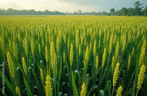 Drone photo field of young sorghum in Indonesia. Agricultural background, green cereal crop. Plants, grains, leaf harvest, natural food, plantation, rural scene, tranquil scene.