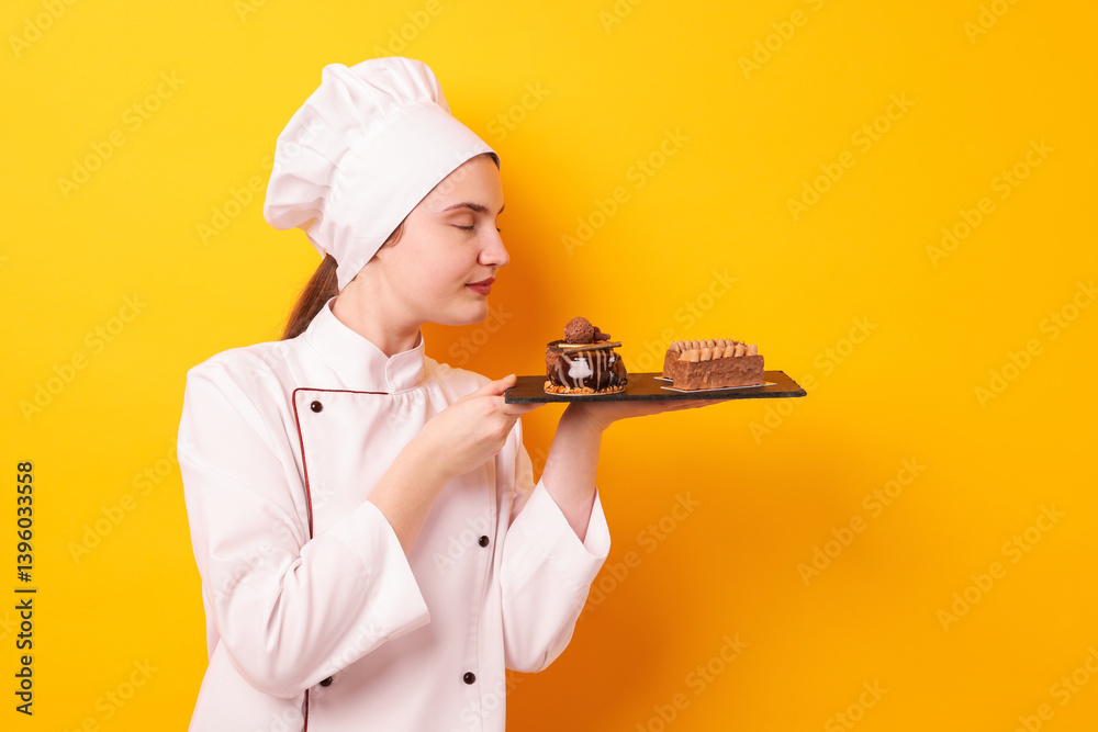 Confectioner in uniform holding delicious chocolate desserts on orange background, space for text Confectioner in uniform holding delicious chocolate desserts on orange background, space for text