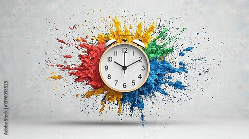 Fototapeta Naklejka Na Ścianę i Meble -    A clock with splattered paint on its face amidst a colorful explosion