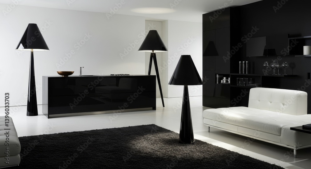Fototapeta premium Modern Black and White Interior Design - Stylish minimalist living room with black and white furniture, lamps, and a sleek kitchen island