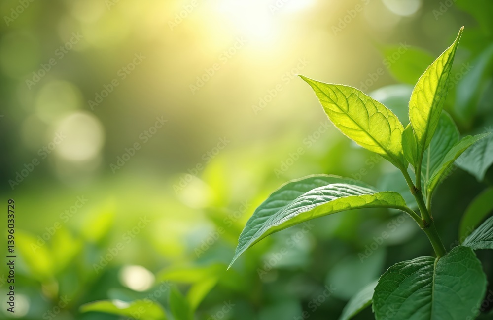Obraz premium Close-up of vibrant green leaves with sunlight. Natural background with blurred plants. Fresh, eco wallpaper concept. Healthy growth of fresh foliage in garden. Perfect eco-friendly design for