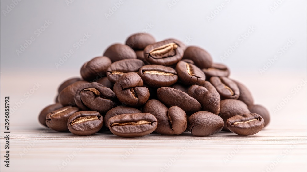 Naklejka premium Roasted coffee beans piled high. A close-up view of dark brown coffee beans, freshly roasted, piled in a mound on a light wooden surface. 