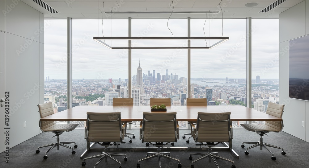 Fototapeta premium Modern Conference Room with City View - A spacious, modern conference room with a long table, comfortable chairs, and a breathtaking panoramic city view. Symbolizing collaboration, innovation
