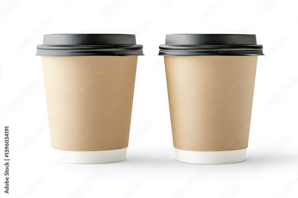 Two Paper Coffee Cups with Black Lids Isolated on White Background