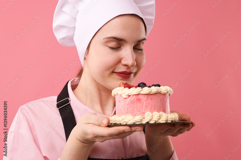 Confectioner holding delicious cake on pink background Confectioner holding delicious cake on pink background