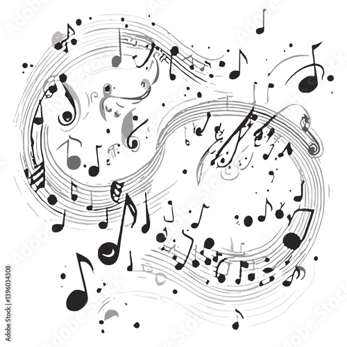 Abstract music notes arrangement, artistic style, black and white colors, decorative concept
