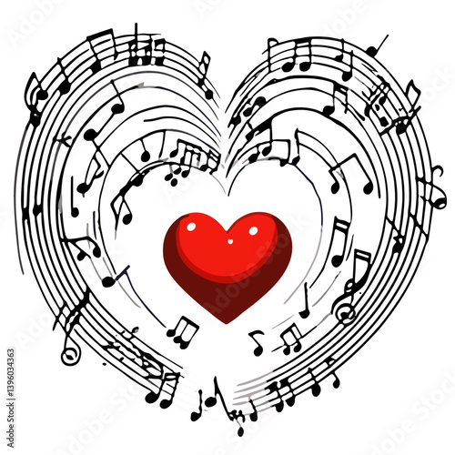 Heart shape made of music notes, artistic design, red and black colors, romantic concept