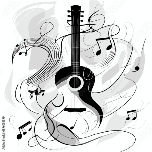 Guitar silhouette with musical notes and abstract lines, artistic design, black and white colors, decorative concept
