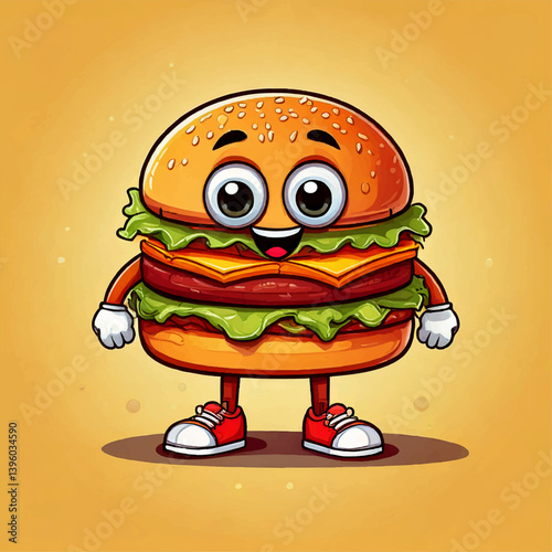 Adorable burger mascot with big eyes and shoes, cartoon vector, colorful background