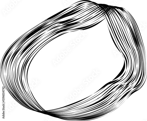 Textured border of irregular form composed of flowing black lines in circular motion with natural curves and organic rhythm.