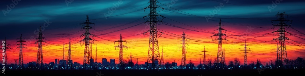 Fototapeta premium Vibrant sunset colors illuminate a cityscape with tall power lines silhouetted against the sky