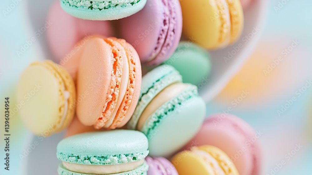 Fototapeta premium A stack of macaroons atop a white platter atop a table