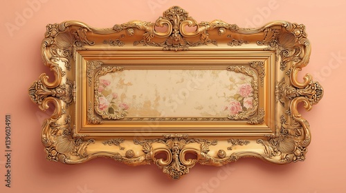 Vintage gold rectangular frame on soft peach background, antique elegance, intricate carvings, photorealistic texture