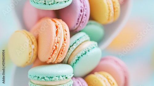   A stack of macaroons atop a white platter atop a table